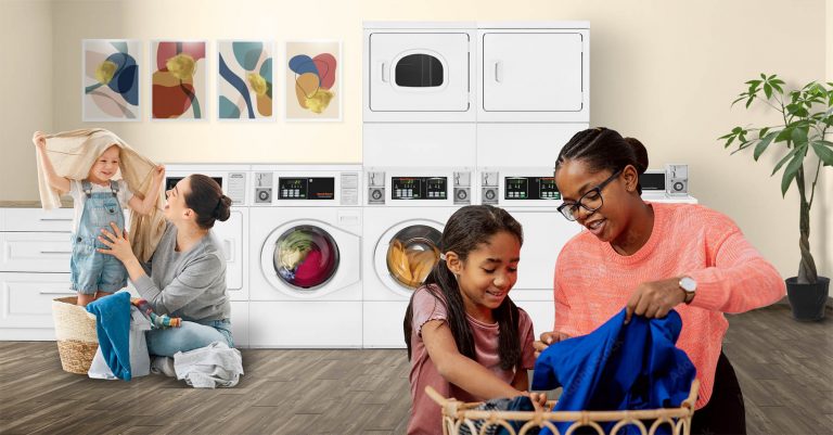 Two adults and two children doing laundry with washers and dryers in background.