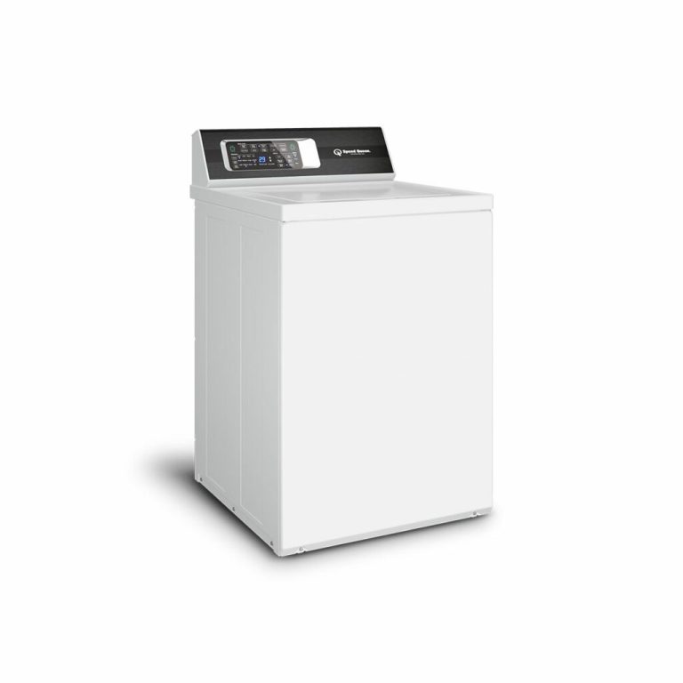 White top-load washing machine with digital control panel and black trim.