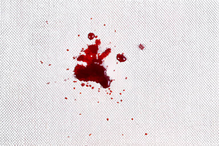 Dark red liquid splatter on white background with a grid pattern.