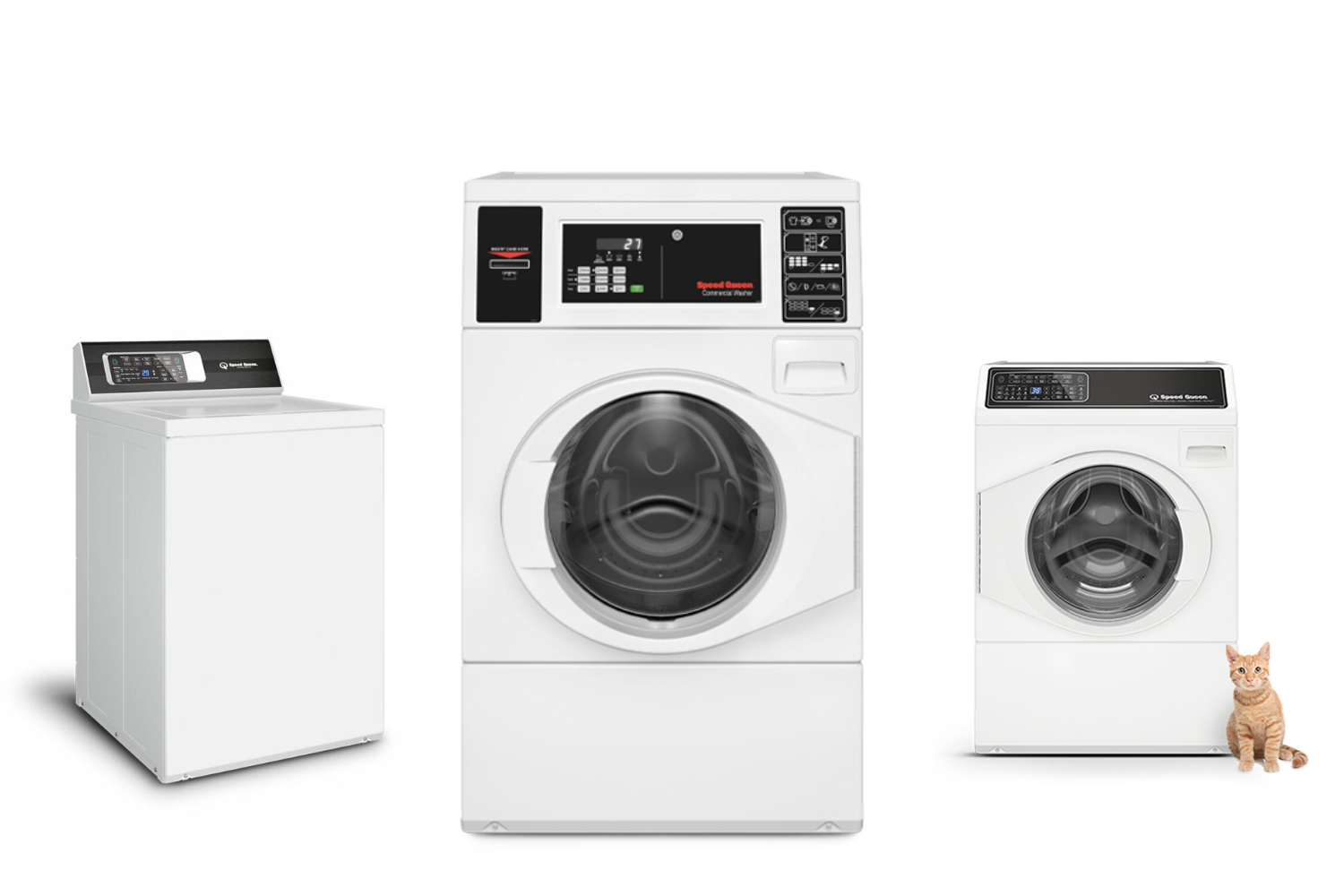Three white washing machines with digital displays and a small orange tabby cat sitting beside the rightmost machine.