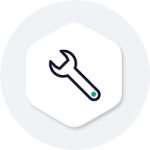 Black wrench icon with a green dot on a white hexagonal background within a gray circle.
